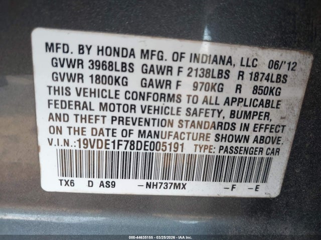 44635155 :رقم المزاد ، 19VDE1F78DE005191 vin ، 2013 Acura Ilx 2.0l مزاد بيع