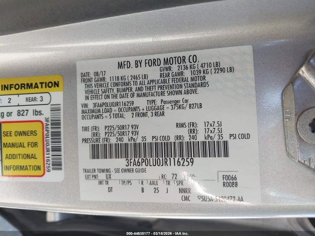 2018 Ford Fusion Hybrid Se მანქანა იყიდება აუქციონზე, vin: 3FA6P0LU0JR116259, აუქციონის ნომერი: 44635177
