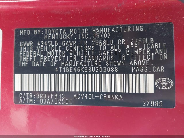 2008 TOYOTA CAMRY 4T1BE46K98U203088 Photo 8
