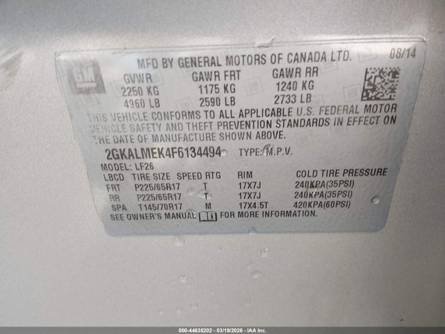 44635202 :رقم المزاد ، 2GKALMEK4F6134494 vin ، 2015 Gmc Terrain Sle-1 مزاد بيع