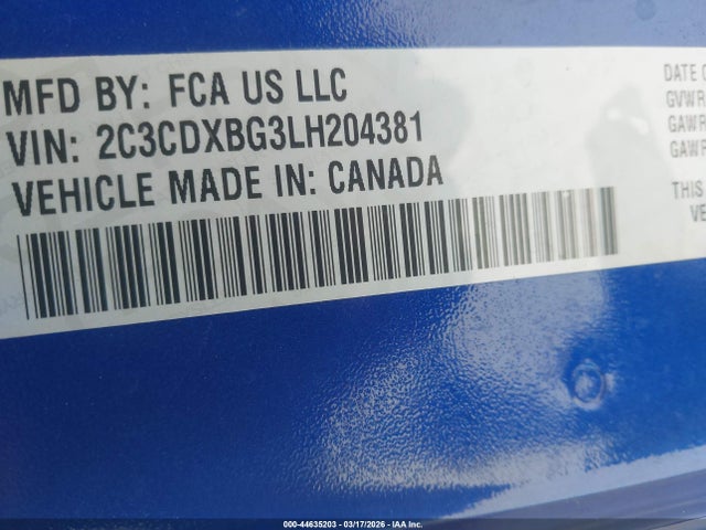 2020 Dodge Charger Sxt Rwd მანქანა იყიდება აუქციონზე, vin: 2C3CDXBG3LH204381, აუქციონის ნომერი: 44635203