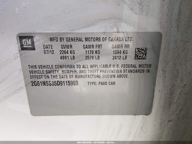 44635205 :رقم المزاد ، 2G61N5S35D9115993 vin ، 2013 Cadillac Xts Standard مزاد بيع