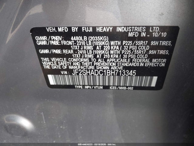 Продажа на аукционе авто 2011 Subaru Forester 2.5x Premium, vin: JF2SHADC1BH713345, номер лота: 44635223