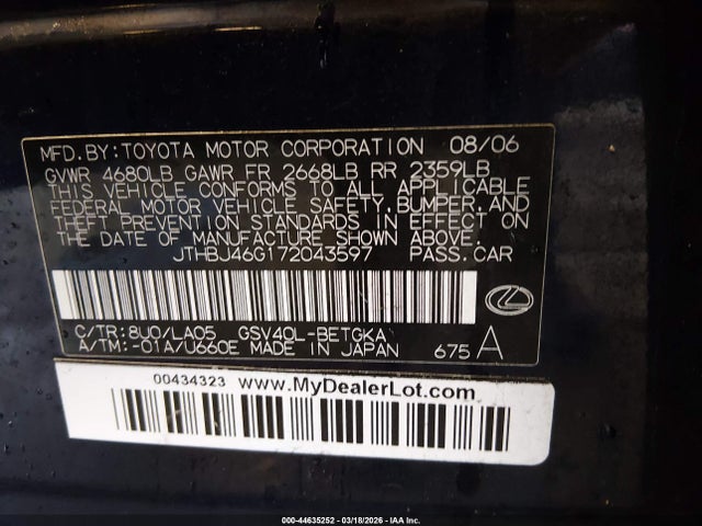 Aukcja sprzedaży 2007 Lexus Es 350, vin: JTHBJ46G172043597, numer aukcji: 44635252