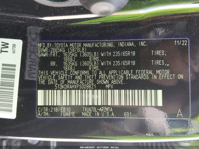 2023 Toyota Highlander Xle მანქანა იყიდება აუქციონზე, vin: 5TDKDRAHXPS009821, აუქციონის ნომერი: 44635257