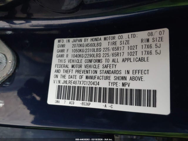 Продаж на аукціоні авто 2007 Honda Cr-v Ex-l, vin: JHLRE487X7C120434, номер лоту: 44635263