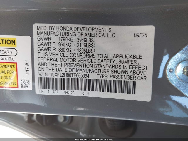 Aukcja sprzedaży 2026 Honda Civic Sport, vin: 19XFL2H80TE005394, numer aukcji: 44635273