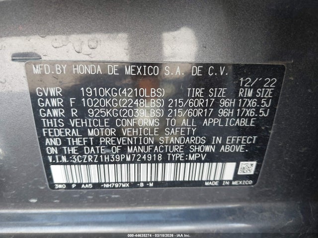 44635274 :رقم المزاد ، 3CZRZ1H39PM724918 vin ، 2023 Honda Hr-v 2wd Lx مزاد بيع