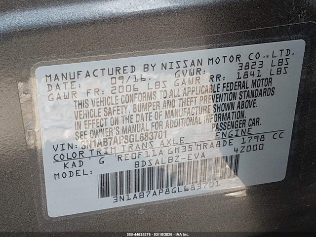 Aukcja sprzedaży 2016 Nissan Sentra S, vin: 3N1AB7AP8GL683701, numer aukcji: 44635276