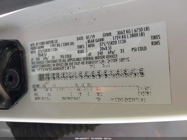 44635277 :رقم المزاد ، 1FTEW1C40KKE34838 vin ، 2019 Ford F-150 Lariat مزاد بيع