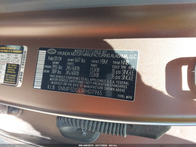 2024 Hyundai Santa Fe Xrt მანქანა იყიდება აუქციონზე, vin: 5NMP3DGL1RH017965, აუქციონის ნომერი: 44635278