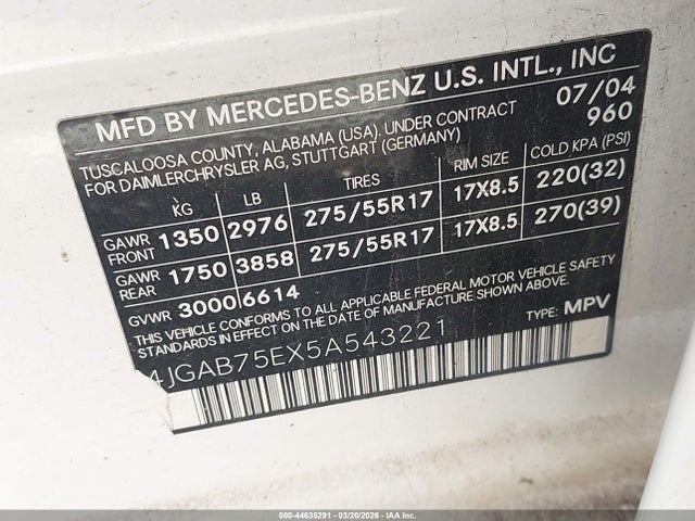 Продаж на аукціоні авто 2005 Mercedes-benz Ml 500 4matic, vin: 4JGAB75EX5A543221, номер лоту: 44635291