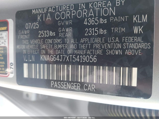 Продажа на аукционе авто 2026 Kia K5 Gt-line Fwd, vin: KNAG64J7XT5419056, номер лота: 44635297