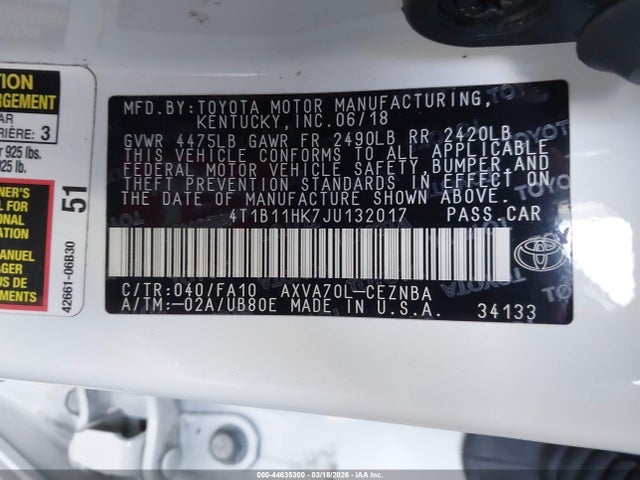 4T1B11HK7JU132017 Toyota CAMRY LE