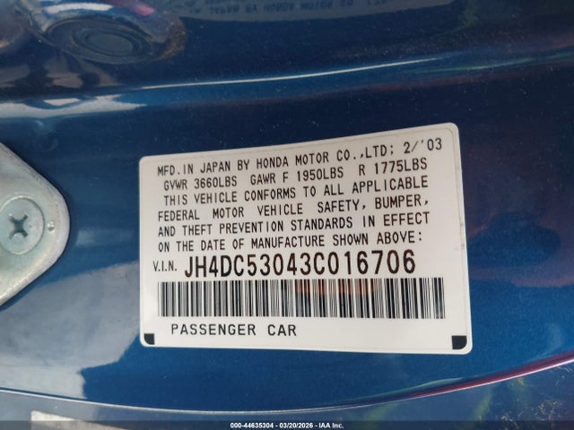 Продажа на аукционе авто 2003 Acura Rsx Type S, vin: JH4DC53043C016706, номер лота: 44635304