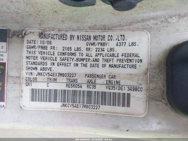 Продаж на аукціоні авто 2007 Infiniti G35, vin: JNKCV54E17M903227, номер лоту: 44635330