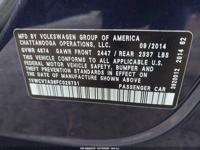 2015 Volkswagen Passat 2.0l Tdi Sel Premium მანქანა იყიდება აუქციონზე, vin: 1VWCV7A36FC028731, აუქციონის ნომერი: 44635335