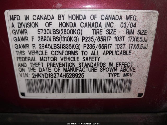 Aukcja sprzedaży 2004 Acura Mdx, vin: 2HNYD18274H528925, numer aukcji: 44635338