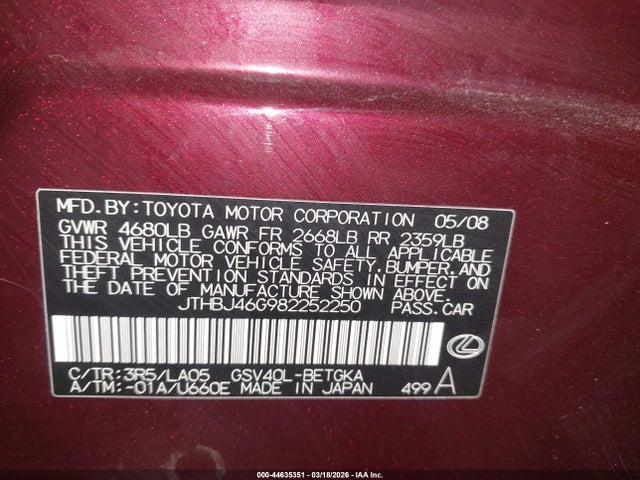 2008 Lexus Es 350 მანქანა იყიდება აუქციონზე, vin: JTHBJ46G982252250, აუქციონის ნომერი: 44635351