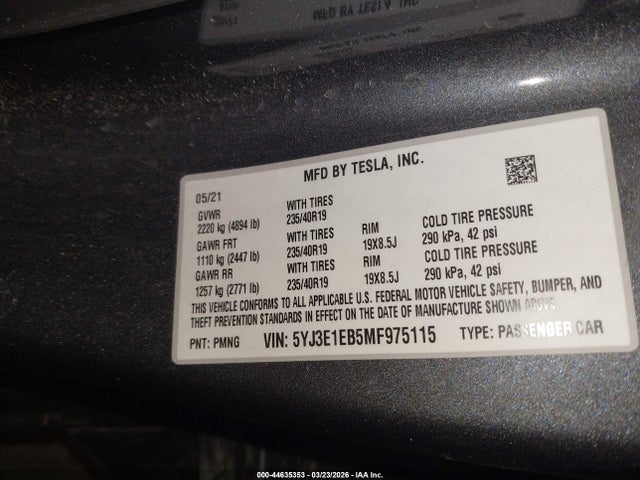 Aukcja sprzedaży 2021 Tesla Model 3 Long Range Dual Motor All-wheel Drive, vin: 5YJ3E1EB5MF975115, numer aukcji: 44635353