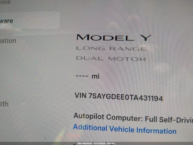 2026 Tesla Model Y Long Range Launch Series/premium All-wheel Drive მანქანა იყიდება აუქციონზე, vin: 7SAYGDEE0TA431194, აუქციონის ნომერი: 44635354