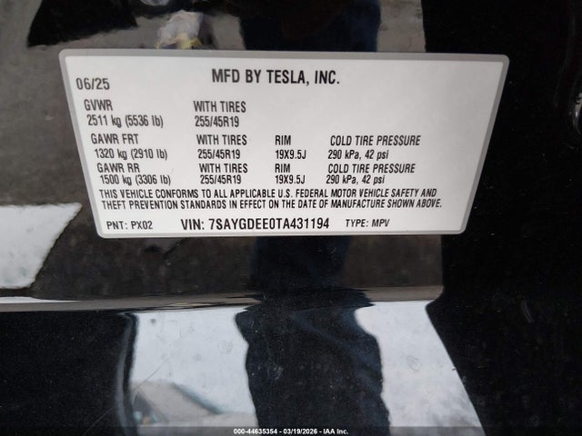2026 Tesla Model Y Long Range Launch Series/premium All-wheel Drive მანქანა იყიდება აუქციონზე, vin: 7SAYGDEE0TA431194, აუქციონის ნომერი: 44635354