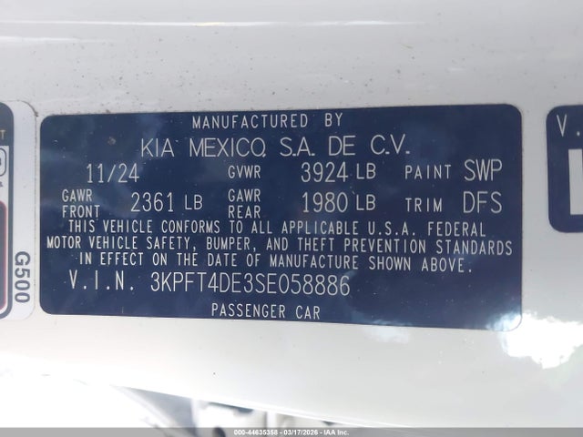 Aukcja sprzedaży 2025 Kia K4 Lxs, vin: 3KPFT4DE3SE058886, numer aukcji: 44635358