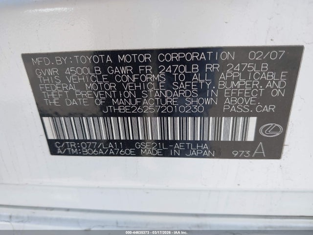 Aukcja sprzedaży 2007 Lexus Is 350, vin: JTHBE262572010230, numer aukcji: 44635373