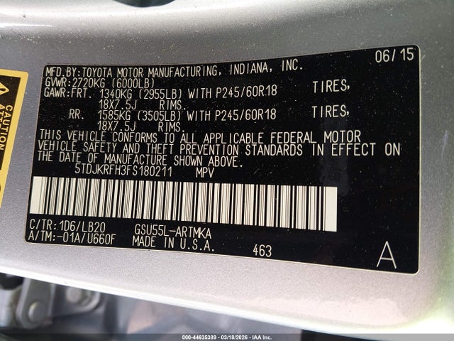 Toyota Highlander Xle V6 2015 5TDJKRFH3FS180211 Image 9