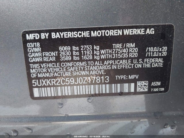 Продаж на аукціоні авто 2018 Bmw X5 Sdrive35i, vin: 5UXKR2C59J0Z17813, номер лоту: 44635402