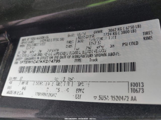 Продаж на аукціоні авто 2019 Ford F-150 Xlt, vin: 1FTEW1C43KKD74795, номер лоту: 44635404