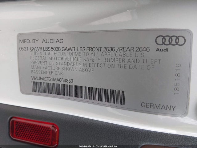 2021 Audi A5 Sportback Premium Plus 45 Tfsi Quattro S Tronic მანქანა იყიდება აუქციონზე, vin: WAUFACF51MA054853, აუქციონის ნომერი: 44635412