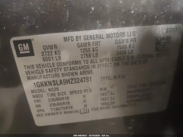 Aukcja sprzedaży 2017 Gmc Acadia Sle-2, vin: 1GKKNSLA9HZ324781, numer aukcji: 44635421