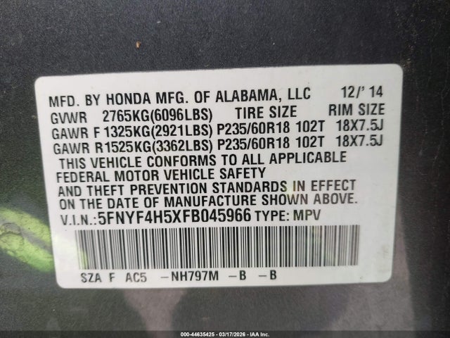 5FNYF4H5XFB045966 Honda Pilot Ex-l