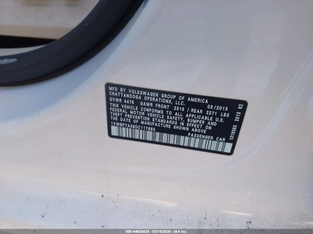 44635428 :رقم المزاد ، 1VWBP7A36DC117850 vin ، 2013 Volkswagen Passat 2.5l Se مزاد بيع