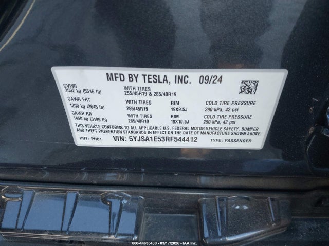 Продажа на аукционе авто 2024 Tesla Model S Long Range, vin: 5YJSA1E53RF544412, номер лота: 44635430