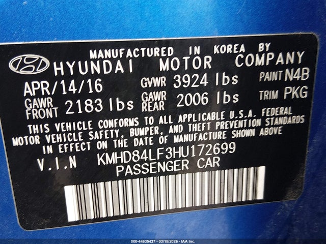 KMHD84LF3HU172699 Hyundai ELANTRA SE