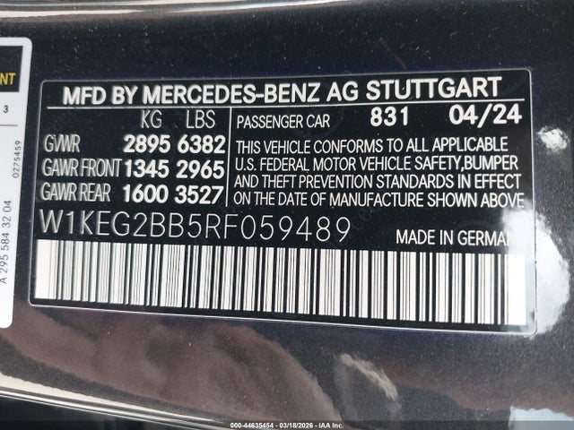 Aukcja sprzedaży 2024 Mercedes-benz Eqe 350+, vin: W1KEG2BB5RF059489, numer aukcji: 44635454