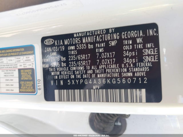 5XYPG4A36KG560712 KIA Sorento 2.4l Lx