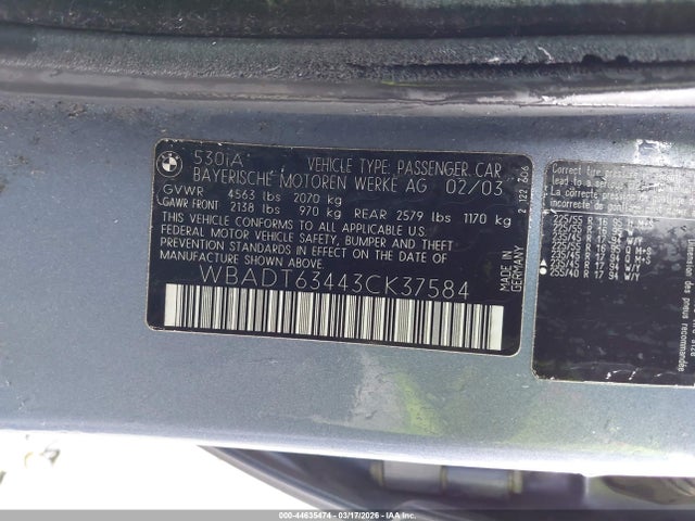 2003 Bmw 530ia მანქანა იყიდება აუქციონზე, vin: WBADT63443CK37584, აუქციონის ნომერი: 44635474