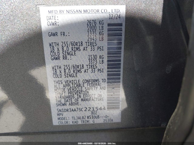 5N1DR3AA7SC221544 Nissan Pathfinder S Fwd