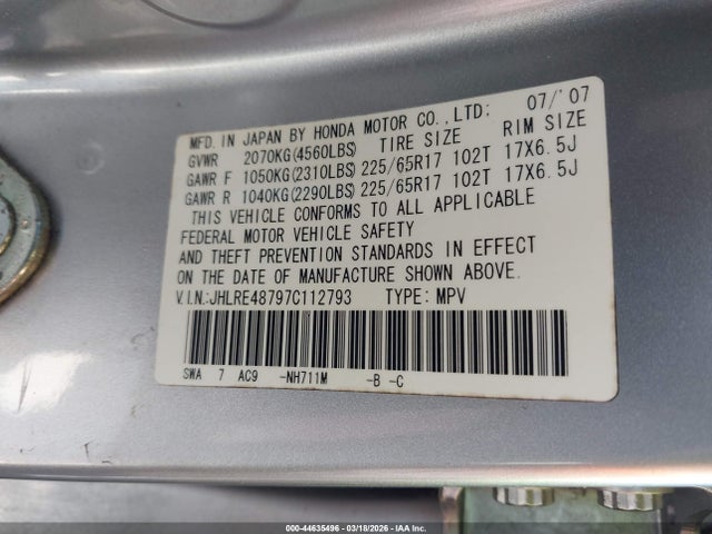 Продаж на аукціоні авто 2007 Honda Cr-v Ex-l, vin: JHLRE48797C112793, номер лоту: 44635496