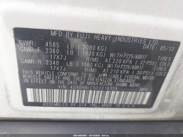 44635501 :رقم المزاد ، 4S4BRBLC5D3318325 vin ، 2013 Subaru Outback 2.5i Limited مزاد بيع