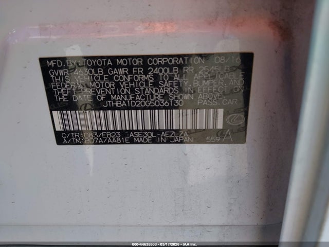 44635503 :رقم المزاد ، JTHBA1D20G5036130 vin ، 2016 Lexus Is 200t مزاد بيع