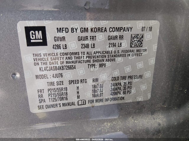 Aukcja sprzedaży 2019 Buick Encore Fwd Preferred, vin: KL4CJASB4KB726654, numer aukcji: 44635522