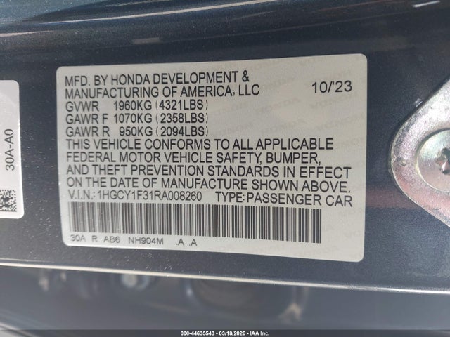 Aukcja sprzedaży 2024 Honda Accord Ex, vin: 1HGCY1F31RA008260, numer aukcji: 44635543