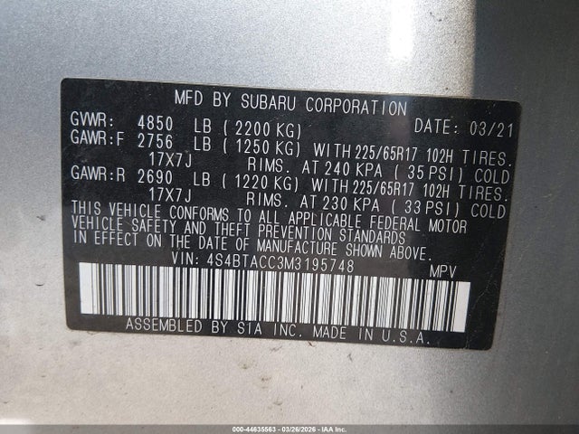 2021 Subaru Outback Premium მანქანა იყიდება აუქციონზე, vin: 4S4BTACC3M3195748, აუქციონის ნომერი: 44635563