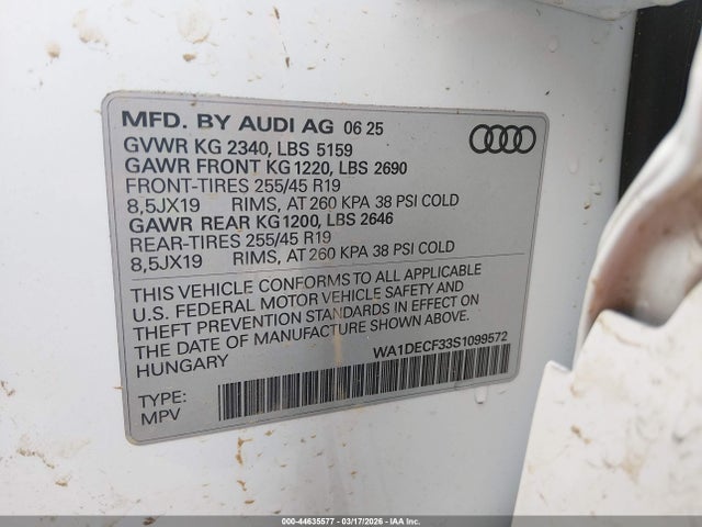 Продажа на аукционе авто 2025 Audi Q3 Premium 45 Tfsi S Line Quattro Tiptronic, vin: WA1DECF33S1099572, номер лота: 44635577