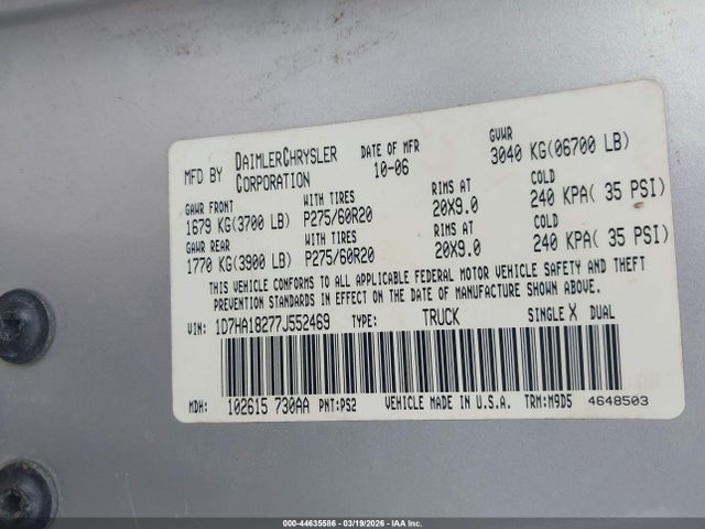 Продаж на аукціоні авто 2007 Dodge Ram 1500 Slt, vin: 1D7HA18277J552469, номер лоту: 44635586