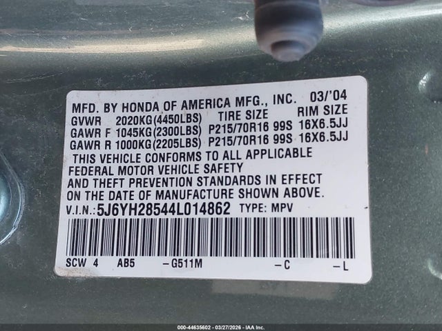 Продаж на аукціоні авто 2004 Honda Element Ex, vin: 5J6YH28544L014862, номер лоту: 44635602